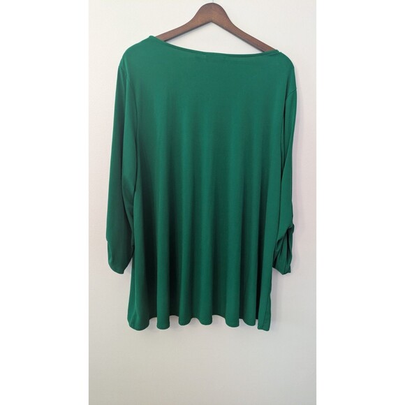 Susan Graver Liquid Knit Top 3X Green Button Up Holiday Stretch Roll Tab - Picture 5 of 9